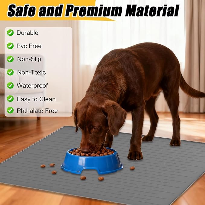 51.2"x25.6"(130cm×65cm) Largest Dog Food Mat, XXXXL Silicone Dog and Cat Mat for Food and Water Bowls, Thinken Waterproof Non-Slip XXXL Pet Feeding Mat for Floors, Brown