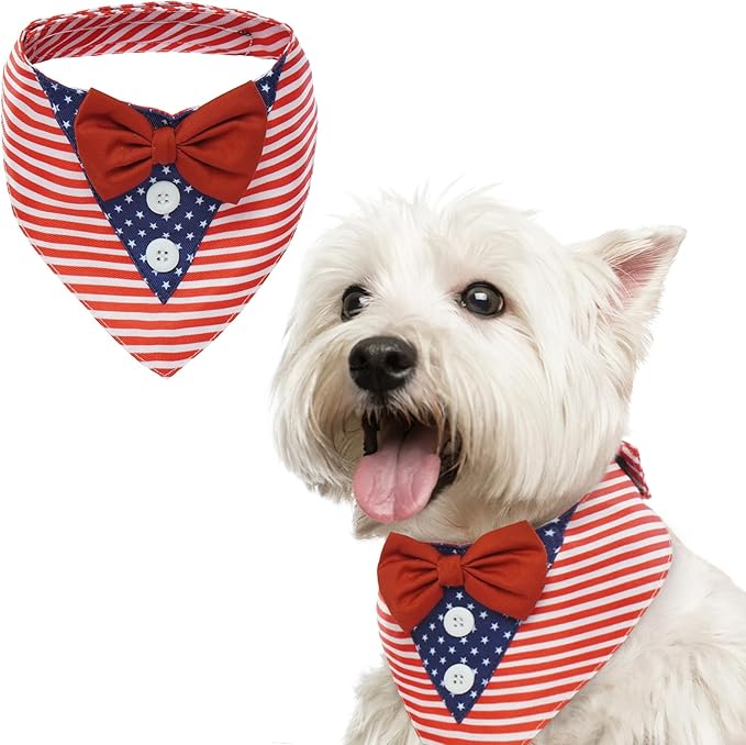 FUAMEY Dog Tuxedo American Flag for Small Dogs,Dog Formal Suit Dogs Attire Pet Bow Tie Puppy Party Costumes Cat Tux Outfits Pets Bandana Cosplay Adjustable Bowties 4th of July Independence Day S