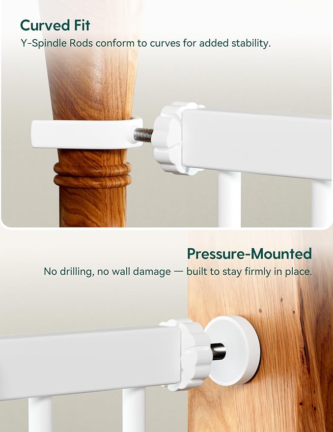 Babelio Metal Baby Gate, 29-43" Auto Close Easy Install Pet Gate PressGuard P7, Extra Wide Walk Thru Child Safety Gate, 30" Tall Pressure Mounted Dog Gate for Doorways & Stairs, White