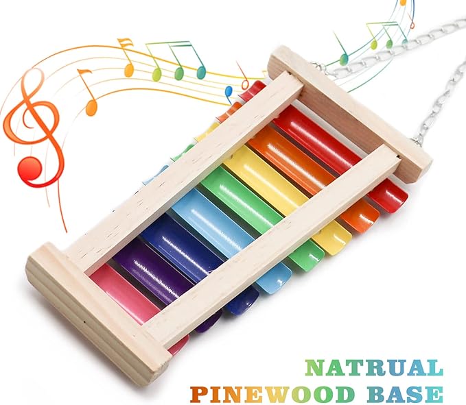 Dnoifne Colorful Bird Xylophone Toy, Suspensible Funny Xylophone Toy with 8 Metal Keys, Cage Accessories for Chicken Birds Parrots Parakeets Cockatiels Budgies Love Birds