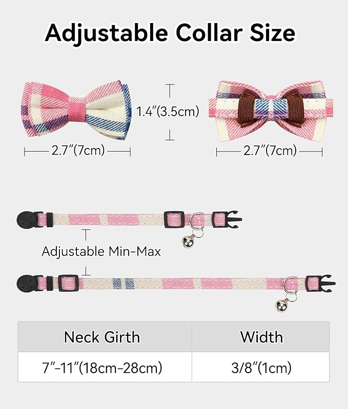 Joytale Upgraded Cat Collar with Bells, Breakaway Cat Collars with Bow Tie, 1 Pack Girl Boy Safety Plaid Kitten Collars, Pink
