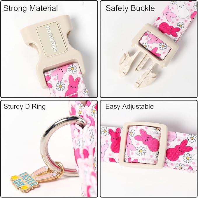 DOGWONG Easter Dog Collar, Cute Easter Pink Bunny Pet Collar Durable Holiday Girl Boy Adjustable Cotton Dog Collars for Large Dogs,XL Visit The Elegant Little Tail Store