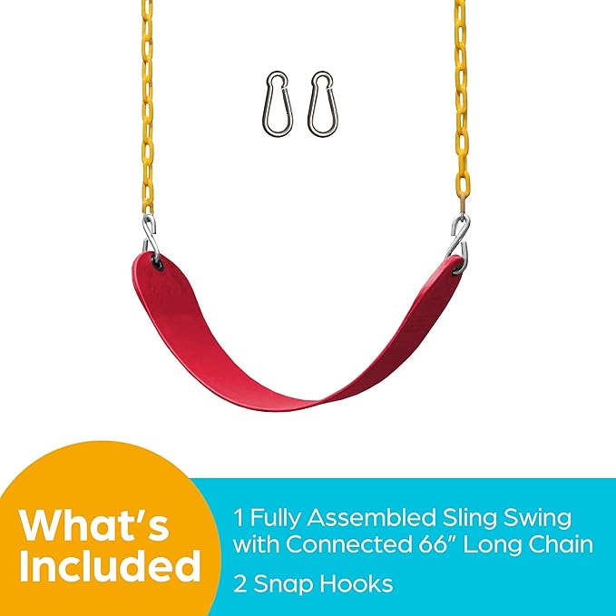 Jungle Gym Kingdom Outdoor Swing Seat Replacement - Pack of 1 Replacement Swings for Swingsets for Outside with Plastic Coated Chains and 2 Hooks, Playground Accessories, Red
