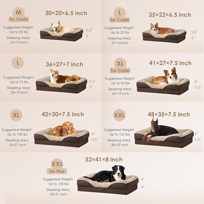 EHEYCIGA Orthopedic Dog Bed for Large Sized Dog, 41x27x7.5 Inch Large Memory Foam Dog Couch Bed with Sides, Waterproof Liner & Washable Removable Cover, Bolster Pet Sofa, Brown