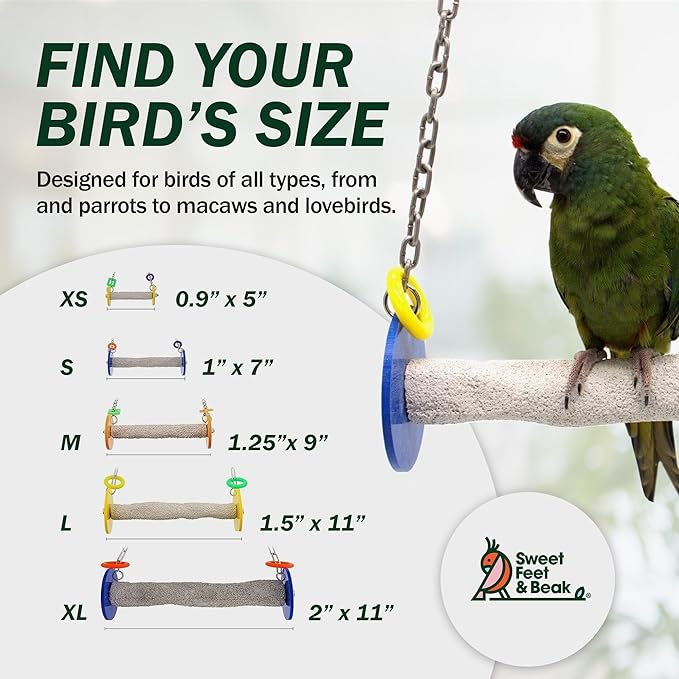 Sweet Feet and Beak Bird Swing - Pumice Perch Trims Nails and Beaks, Safe and Non-Toxic, For Small and Large Birds, 10.5 Inches