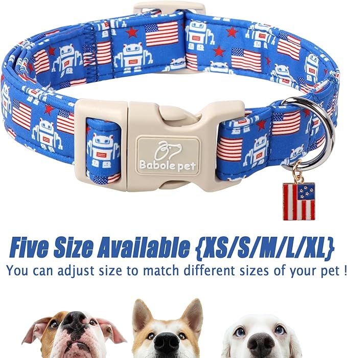 4th of July Dog Collar, Robot Star-Spangled Patriotic Dog Collars for Small Dogs, Adjustable Lightweight Quick-Release Buckle Collar for Boy&Girl Dogs S