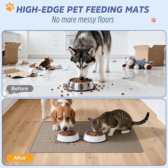 Large Dog Mats for Food and Water, 40"x30" Waterproof Pet Food Mats for Floor Nonslip Silicone Bowl Mats with Raised Edges