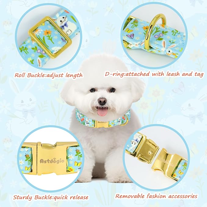 Easter Dog Collar for Small Dogs, Easter & Spring Theme Small Dog Collar with Cute White Bunny Pattern, Adjustable Blue Easter Dog Collars Girl Boy Collar for Dogs -S