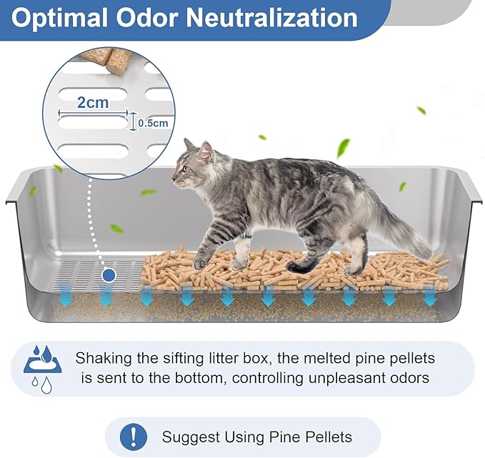 Stainless Steel Sifting Litter Box with Lid, XL Extra Large Sifting Cat Litter Box for Pine Pellets & Big Cats,Metal Pellet Sifter Litter Pan System for Odor Control,Sifting Box Liners & Scoop