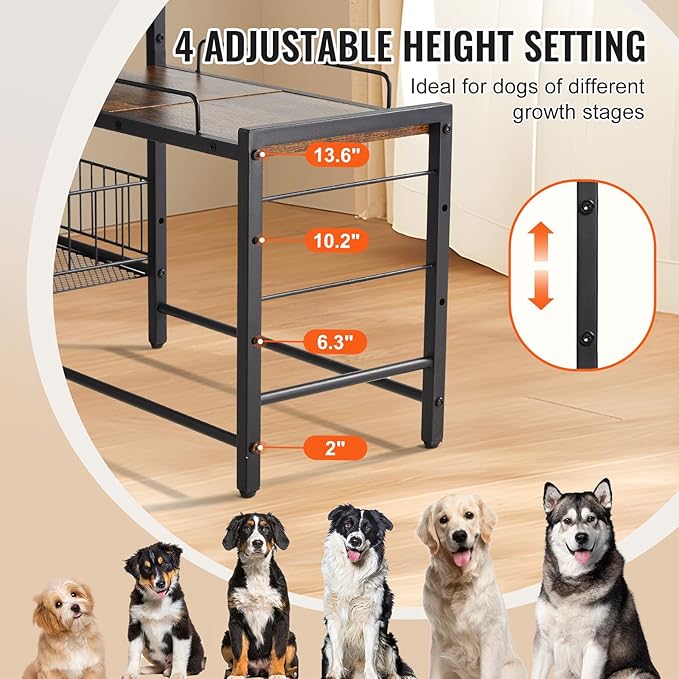 VEVOR Pet Feeding Station with Storage, 4 Height Adjustable Elevated Dog Bowl, Dog Bowls Stand with Toy Bin Basket, Raised Feeding Station Cabinet, Pet Storage Organizer for Large Medium Small Dogs