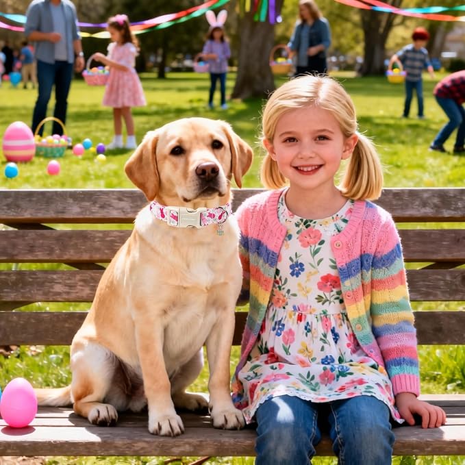 DOGWONG Easter Dog Collar, Cute Easter Pink Bunny Pet Collar Durable Holiday Girl Boy Adjustable Cotton Dog Collars for Small Medium Dogs,M Visit The Elegant Little Tail Store