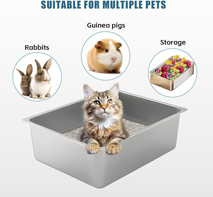 Stainless Steel Cat Litter Box, Metal High Sided Kitty Large Litter Box Pan,Non-Sticky, Easy to Clean, Pet Toilet Supplies for Kitten, Rabbit (Silver, 17.7" x13.8" x6")