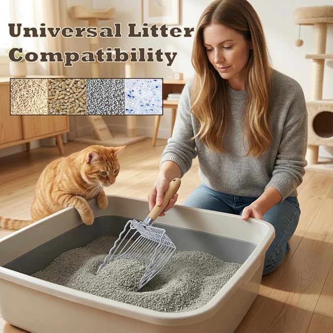 2 Pack Metal Cat Litter Scoops, Heavy-Duty Kitty Scooper with Hook, Stainless Steel Kitten Poop Lifter for Litter Box, Speed Sifter with Comfortable Beech Wood Grip