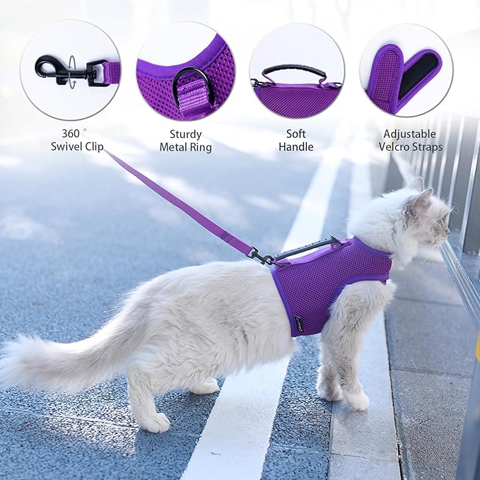 Kitty Harness and Leash for Walking Escape Proof Breathable Mesh Fabric, Purple, Small, Adjustable Cat Walking Jackets with Handle, Padded Stylish Cat Vest