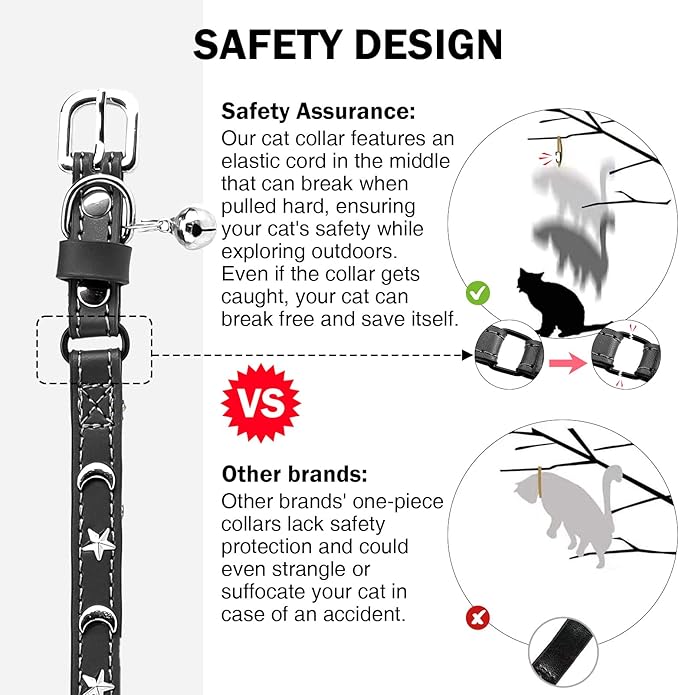 Leather Cat Collars for Boy Girl Cats with Bell and Safety Elastic Belt, Personalized Star and Moon Stud Adjustable Safe Buckle Collar for Kitty Small Big Cats Size 8-12 Inch, Black