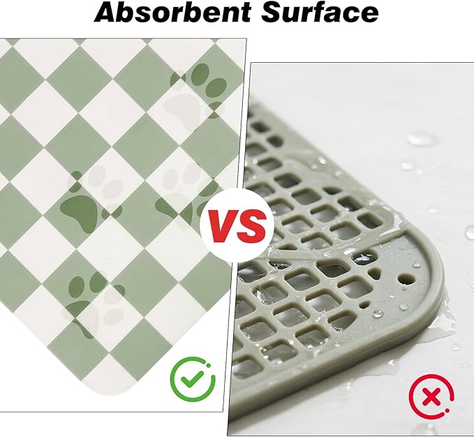 Checkered Dog Food Mat, Absorbent Leak-Proof Pet Feeding Mat, Quick Dry Cat Food Mat for Messy Drinkers 17" x 32" Green