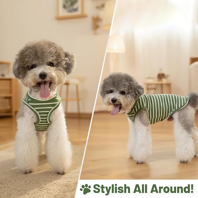 Dog Clothes, Stripe Dogs Shirts for Small & Medium Breeds, Pet Tank Top, Breathable Waffle Fabric Puppy Outfit, Shirt for Chihuahua, Yorkie, Dachshund, Corgi (Green, XSmall)
