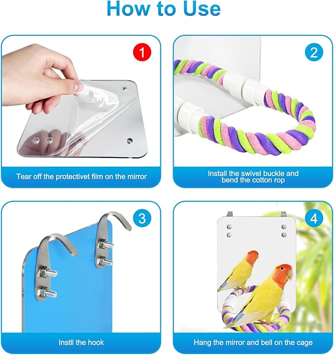5.9" Bird Mirror with Rope Perch Bird Toys Swing, Comfy Perch for Greys Amazons Parakeet Cockatiel Conure Lovebirds Finch Canaries
