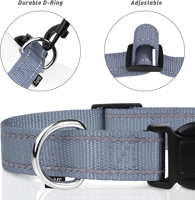 TagME Reflective Nylon Dog Collars, Adjustable Classic Pet Collar with Quick Release Buckle for Extra Large Dogs, Grey, 1¼"Width