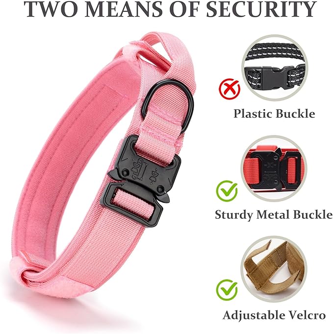 Tactical Dog Collar, Adjustable Military Training Nylon Dog Collar with Control Handle and Heavy Quick-Release Metal Buckle for Small Medium Large Dogs, Light Pink M