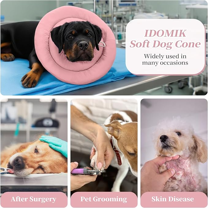IDOMIK Dog Recovery Collar, Waterproof Soft Dog Cone After Surgery, Comfy Protective Elizabethan Collar Alternative for Dogs Cats, Adjustable Pet Neck Donut Cone Anti-Licking Biting Wounds,Pink,2XL