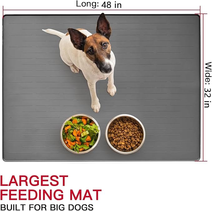 XXXL Pet Food Mat, 48" x 32" Largest Silicone Dog Mats for Food and Water, Nonslip Pet Feeding Mats for Floors,Dog Cat Bowl Mat with Raised Edges, Drak Brown