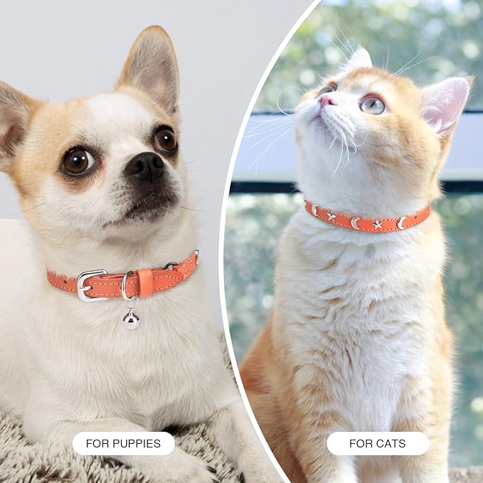Leather Cat Collars for Boy Girl Cats with Bell and Safety Elastic Belt, Personalized Star and Moon Stud Adjustable Safe Buckle Collar for Kitty Small Big Cats Size 8-12 Inch, Orange