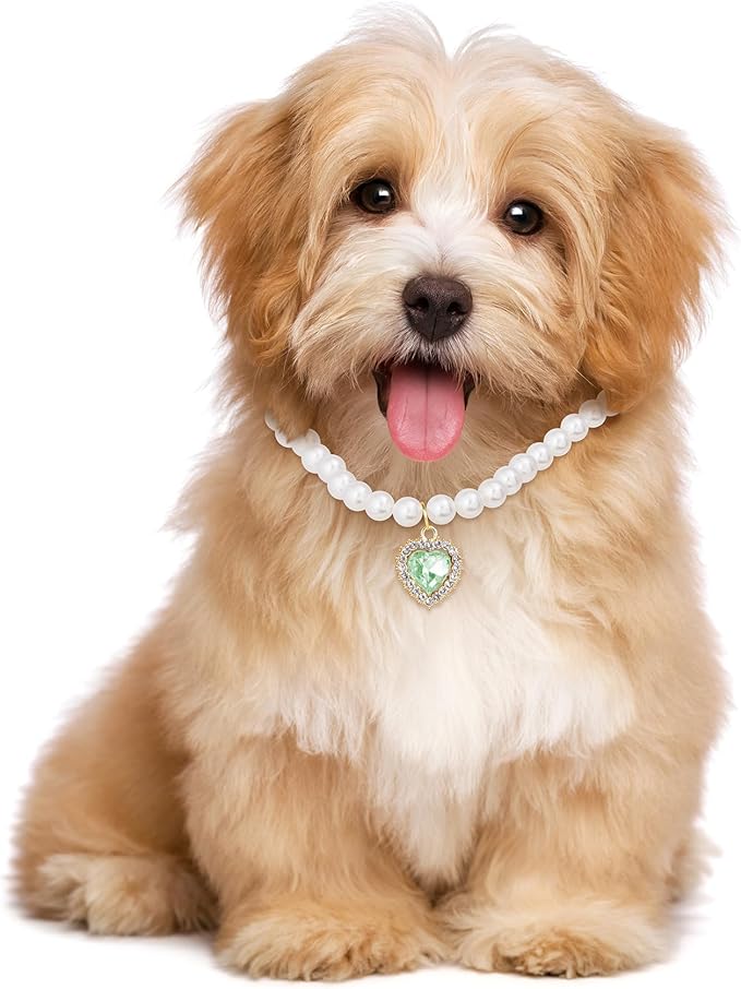2pcs Pearl Collar for Cat Puppy, Small Cute Heart Shape Rhinestone Pet Necklace, Adjustable Wedding Party Pet Jewelry Accessories for Puppy Kitten- Green & Pink