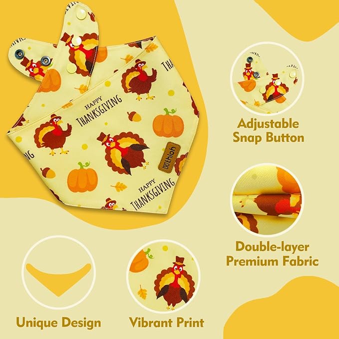 Thanksgiving Dog Bandanas with Snap Button, 2 Pack Adjustable Fall Bandanas for Small, Medium, and Large Dogs, Pumpkin Pet Scarf for Autumn Costume Accessory & Photo Shoot (Small)