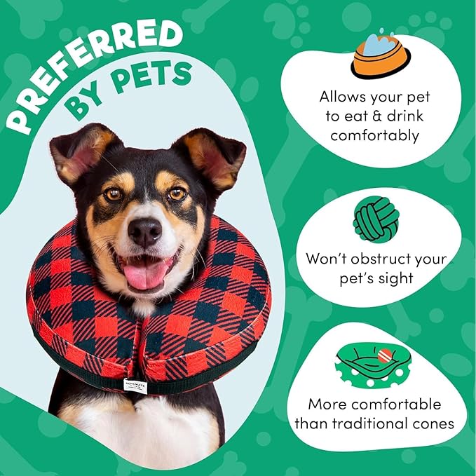 BENCMATE Inflatable Dog Cone Collar Alternative, Soft Dog Cone for Small Medium Large Dogs and Cats, Neck Recovery ECollar Donut Collar After Surgery (Medium+, Plaid)