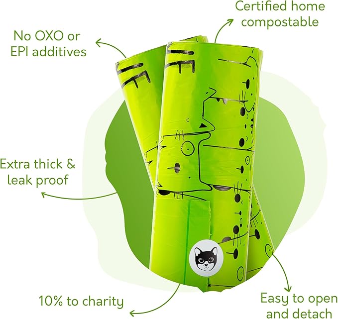 Certified Home Compostable Cat Litter Bags For Poop - 10% to Charity - Cornstarch-Based - For Cleaning Up Litter Trays - NF T51-800 Compliant - 60 Extra Large Disposable Bags