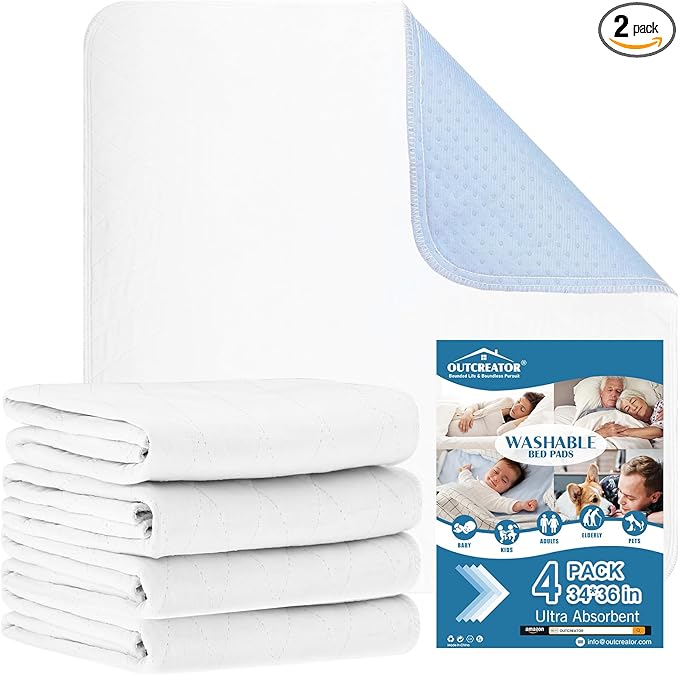 OUTCREATOR® Washable Bed Pads 34" x 36" (Pack of 4), Incontinence Mattress Protector, Anti-Slip Waterproof Underpads for Adults Kids Elderly Pets, Absorbency & Reusable Bedwetting Pads (White)