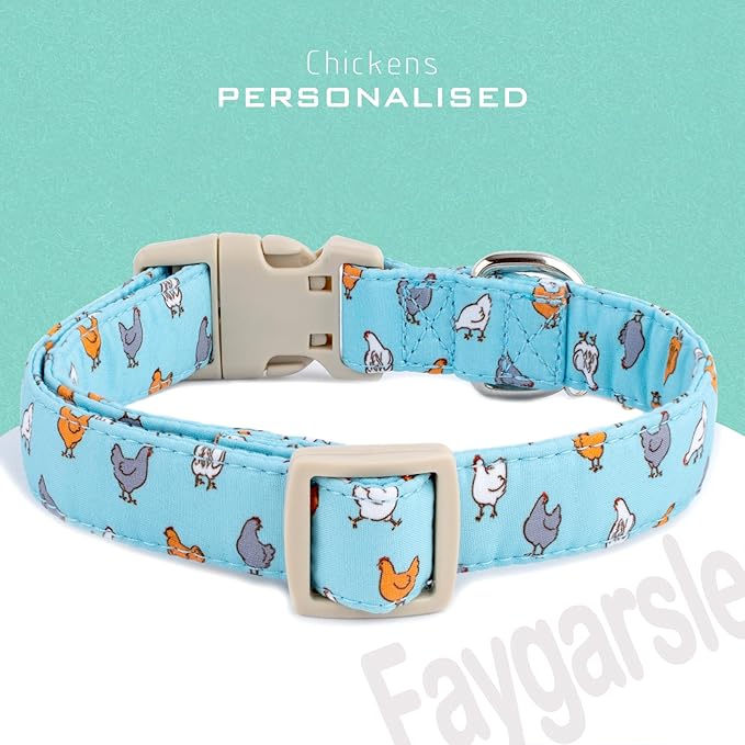 Faygarsle Funny Chicken Pattern Dog Collar, Cotton Fabric, Light Blue with Farm Animal Print for Small Medium Large Dogs M