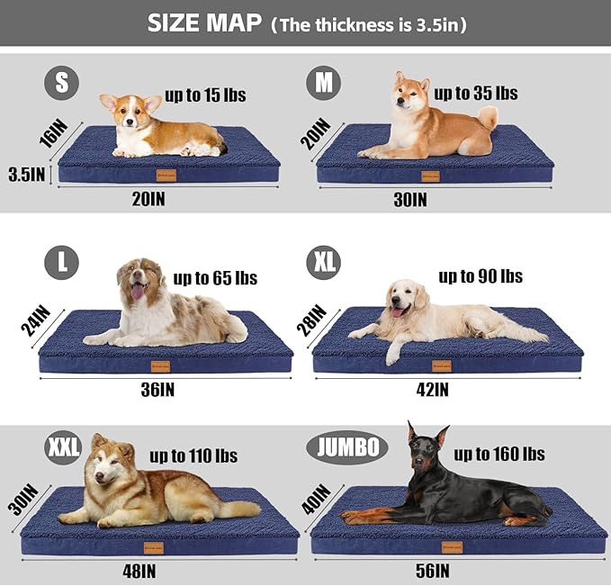 Patas Lague Orthopedic XL Dog Bed Large Sized Dog 48''X30'', Soft Waterproof Egg Crate Foam Large Pet Crate Beds Mat with Removable Washable Cover and Non-Slip Bottom, Navy Blue