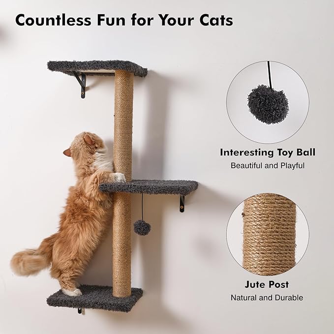 5-in-1 Cat Wall Shelves, Multi-Level Cat Climbing Furniture, Perch & Lounge for Indoor Cats, Space-Saving Wall Mounted Cat Shelves for Play & Rest (Natural Wood) - Gray
