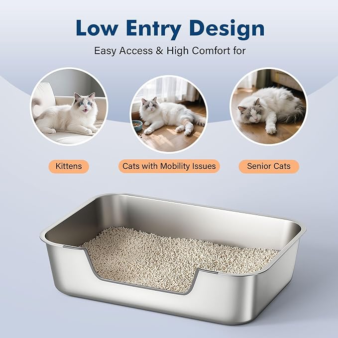 Stainless Steel Cat Litter Box with Low Entry, Metal Kitty Litter Box for Senior or Injured Cats, Odor-Free, Non-Stick, Easy to Clean, 19.5"x13.6"x5.9", Litter Pan for Big and Small Cats