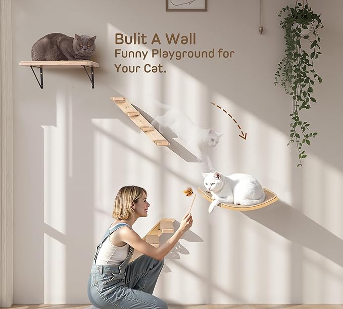 Wall Mounted Cat Shelves Stairs Set, 4 Piece Wood Cats Wall Furniture with Sisal Cat Window Perch, Flat Perch & Dual 4-Step Ladders for Climbing & Scratching