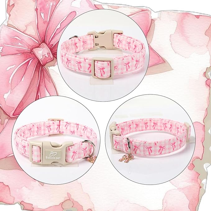 Girl Dog Collar for Small Dogs - Cute Pink Plaid & Bow Print Spring/Summer Puppy Collar, Soft Adjustable Holiday Female Dog Collars with Quick Release Buckle S