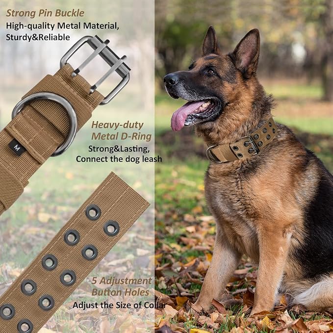 Tactical Dog Collar Military Adjustable Dog Collars Soft Nylon Training Collar with Patch Heavy Duty Metal Buckle Collars for Medium Large Dogs (Brown, L)