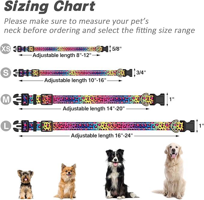 Reflective Dog Collar for Large Dogs, Cute Leopard Style Adjustable Heavy-Duty Nylon Puppy Collar for Boy and Girl Female, Soft Pet Accessories with Quick Release Buckle, Neon