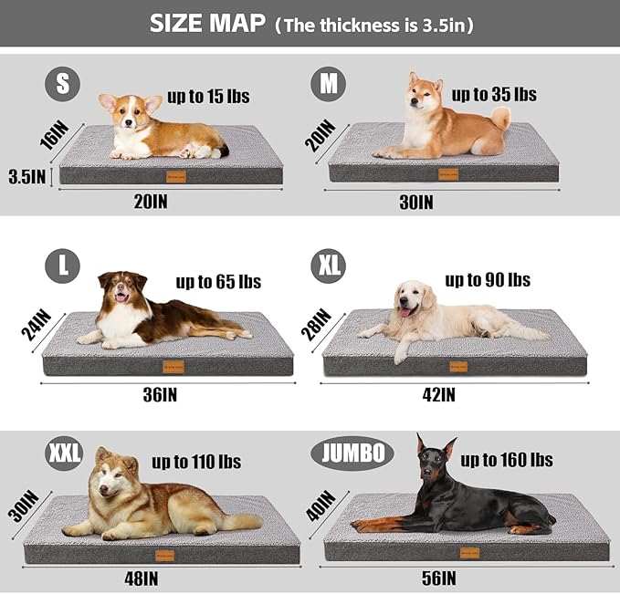 Patas Lague Orthopedic Jumbo Dog Bed for Large Sized Dog 56''X40'', Soft Waterproof Egg Crate Foam Large Pet Crate Beds Mat with Removable Washable Cover and Non-Slip Bottom, Light Grey