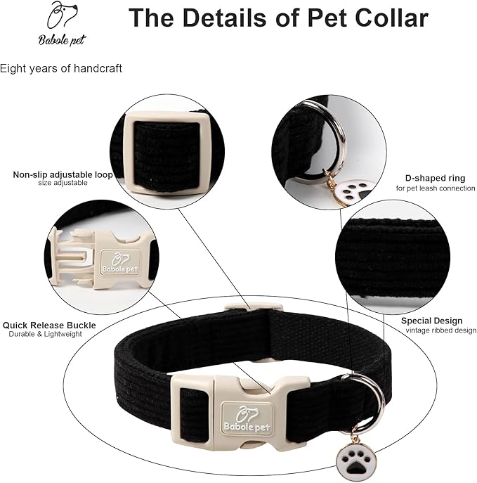 Cute Corduroy Dog Collar - Black Adjustable Dog Collars for X-Large Dogs 80+lbs, Fade-Proof with Secure Snap & Little Charm, Christmas Birthday Gift, XL