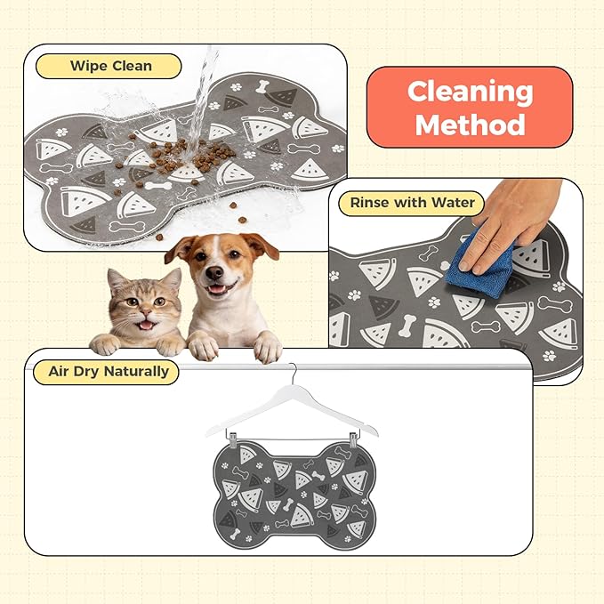 Dog Food Mat, 0.15” Thickened Super Absorbent Pet Feeding Mat for Food and Water, Fruit Donut Pattern Cat Placemat, Quick Dry Non-Slip Dog Bowl Mat, Water Splash Proof（Medium Watermelon Grey）