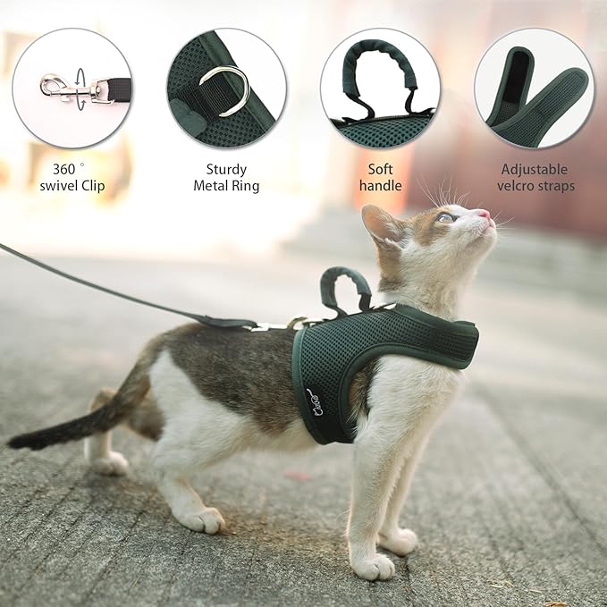 Cat Harness and Leash for Walking Escape Proof Breathable Mesh Fabric, Solid Green, Extra Large, Adjustable Cat Walking Jackets with Handle, Padded Stylish Cat Vest