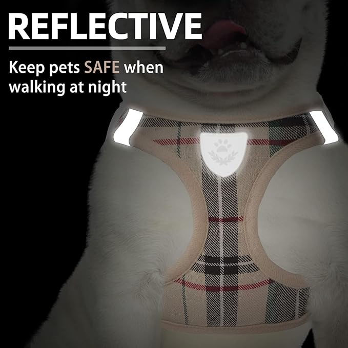 PUPTECK Adjustable Dog Harness Collar and Leash Set Step in No Pull Pet Harness for Small Medium Dogs Puppy and Cats Outdoor Walking Running, Soft Mesh Padded Reflective Vest Harnesses, Beige L