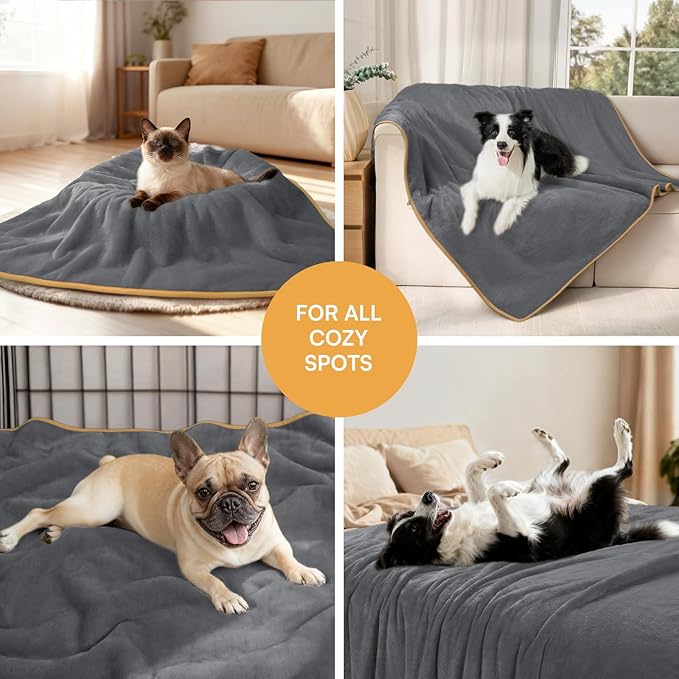Luciphia Waterproof Pet Blanket, Liquid Pee Proof Dog Blanket for Sofa Bed Couch, Reversible Sherpa Fleece Furniture Protector Cover for Small Medium Large Dogs Cats, Grey+Beige Large（65" x 57"）