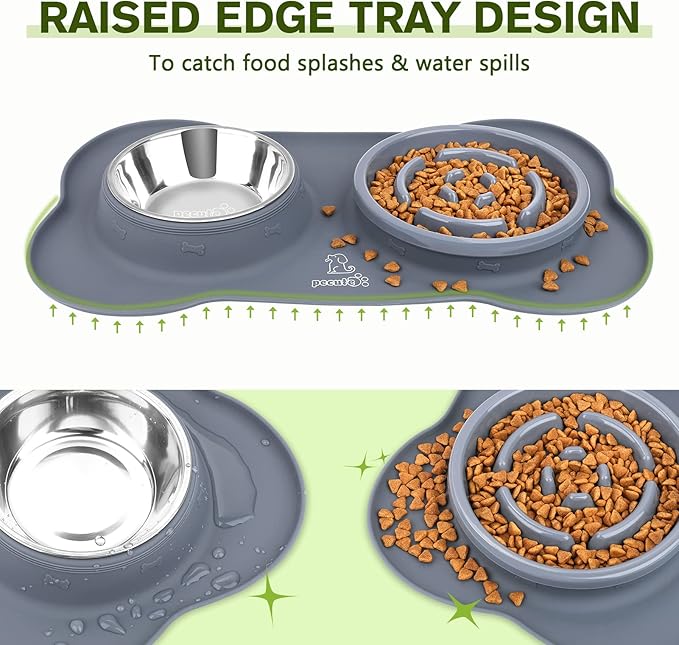 Pecute Slow Feeder Dog Bowls to Slow Down Eating, Dog Bowl Slow Feeder with No-Spill Non-Skid Silicone Mat, Food-Grade Safe Dog Food Bowls Slow Feeder, Stainless Steel Dog Water Bowl for Dogs Cats