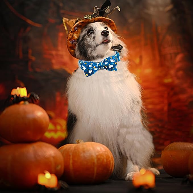Halloween Dog Collar, Ghost Print Adjustable Pet Collar Blue Cute Cotton Soft Collars with Bow Tie Fall Metal Buckle Holiday Puppy Collars Boy&Girl Gift for X-Small Dogs