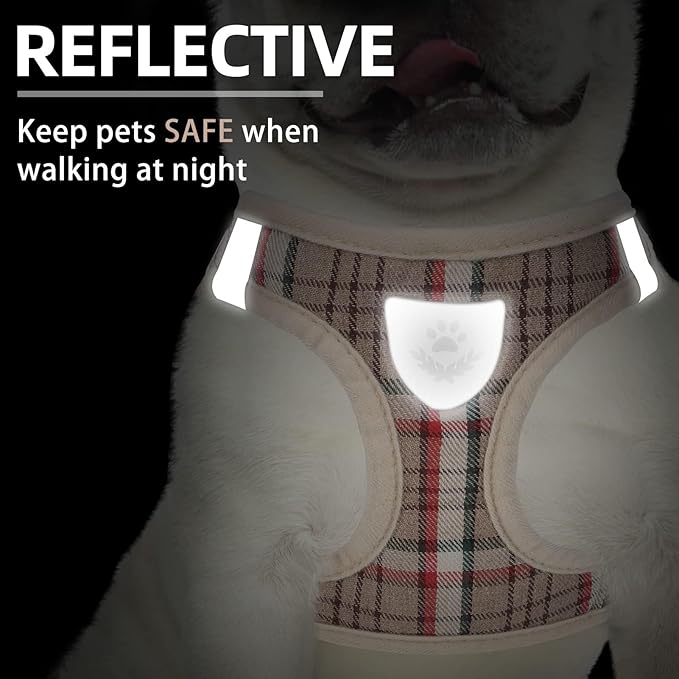 PUPTECK Adjustable Dog Harness Collar and Leash Set Step in No Pull Pet Harness for Small Medium Dogs Puppy and Cats Outdoor Walking Running, Soft Mesh Padded Reflective Vest Harnesses, Khaki XS