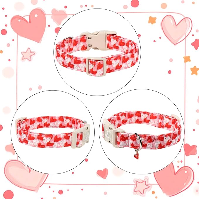 Valentines Dog Collar for Large Dogs - Cute Pink Girl Dog Collar, Doodle Heart Pattern, Adjustable Valentine Dog Collars with Red Heart Charm L
